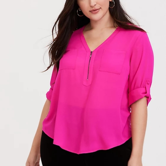 torrid Tops - HARPER - NEON PINK ZIP FRONT GEORGETTE BLOUSE